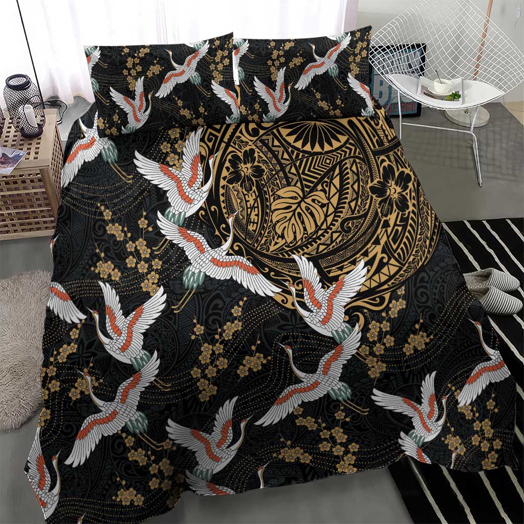 Hawaii and Japanese Together Bedding Set Cranes Birds with Kakau Pattern