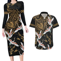 Hawaii and Japanese Together Couples Matching Long Sleeve Bodycon Dress and Hawaiian Shirt Cranes Birds with Kakau Pattern LT03 Black - Polynesian Pride