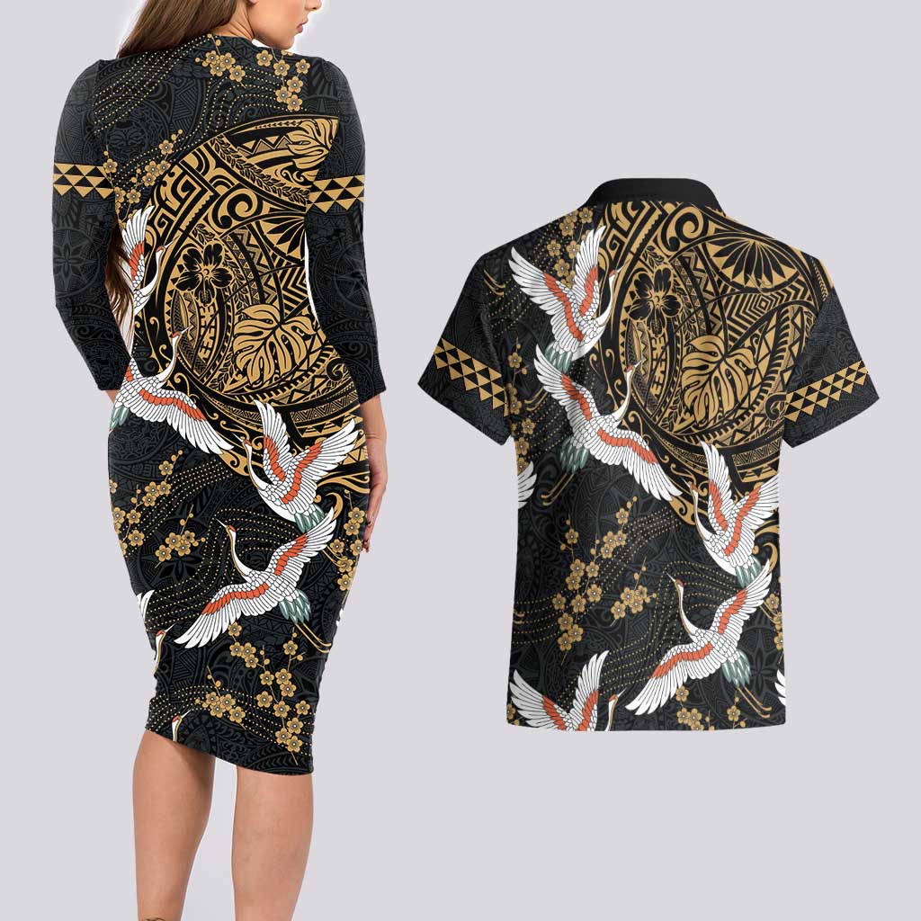 Hawaii and Japanese Together Couples Matching Long Sleeve Bodycon Dress and Hawaiian Shirt Cranes Birds with Kakau Pattern LT03 - Polynesian Pride