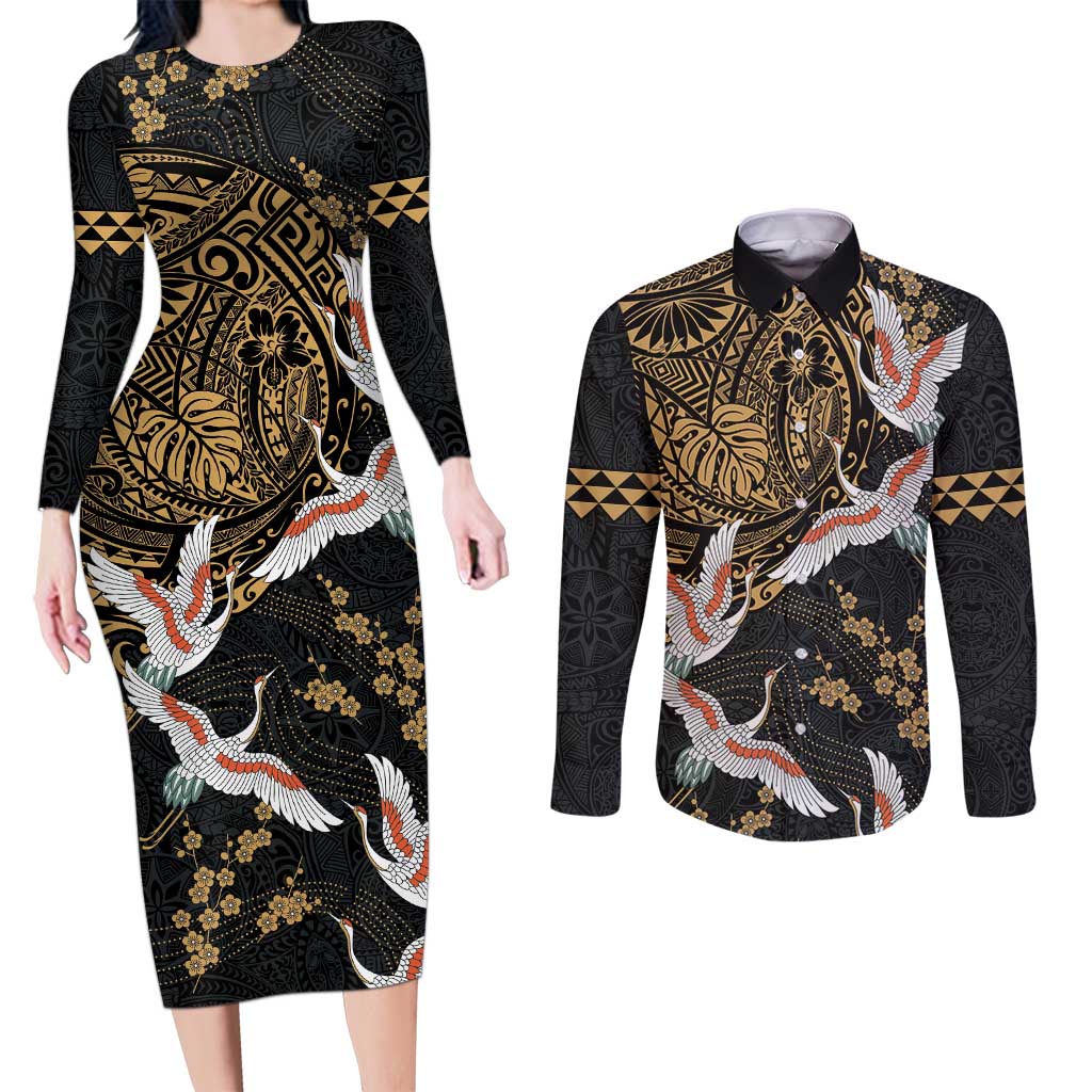 Hawaii and Japanese Together Couples Matching Long Sleeve Bodycon Dress and Long Sleeve Button Shirt Cranes Birds with Kakau Pattern LT03 Black - Polynesian Pride
