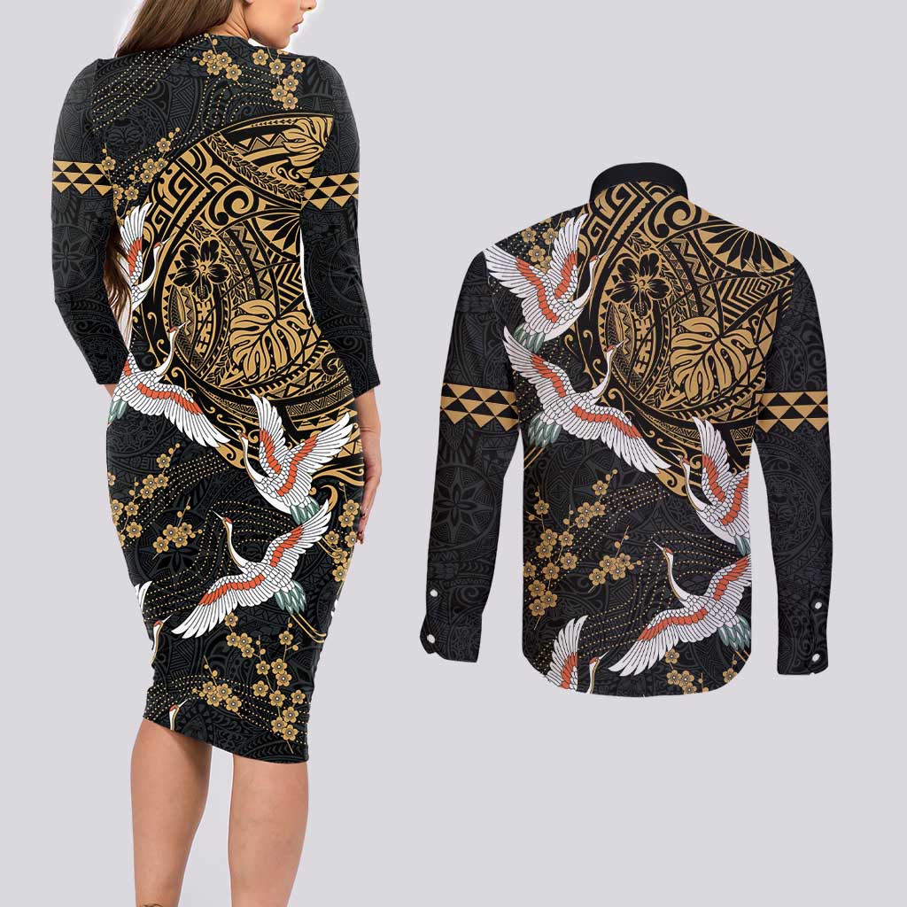 Hawaii and Japanese Together Couples Matching Long Sleeve Bodycon Dress and Long Sleeve Button Shirt Cranes Birds with Kakau Pattern LT03 - Polynesian Pride
