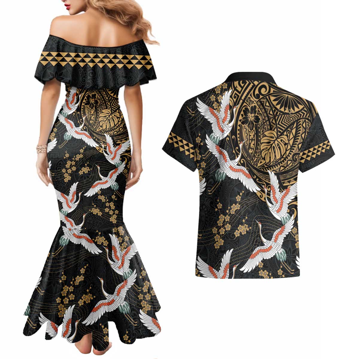Hawaii and Japanese Together Couples Matching Mermaid Dress and Hawaiian Shirt Cranes Birds with Kakau Pattern LT03 - Polynesian Pride