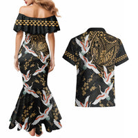 Hawaii and Japanese Together Couples Matching Mermaid Dress and Hawaiian Shirt Cranes Birds with Kakau Pattern LT03 - Polynesian Pride