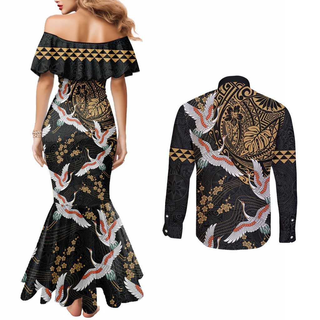 Hawaii and Japanese Together Couples Matching Mermaid Dress and Long Sleeve Button Shirt Cranes Birds with Kakau Pattern LT03 - Polynesian Pride