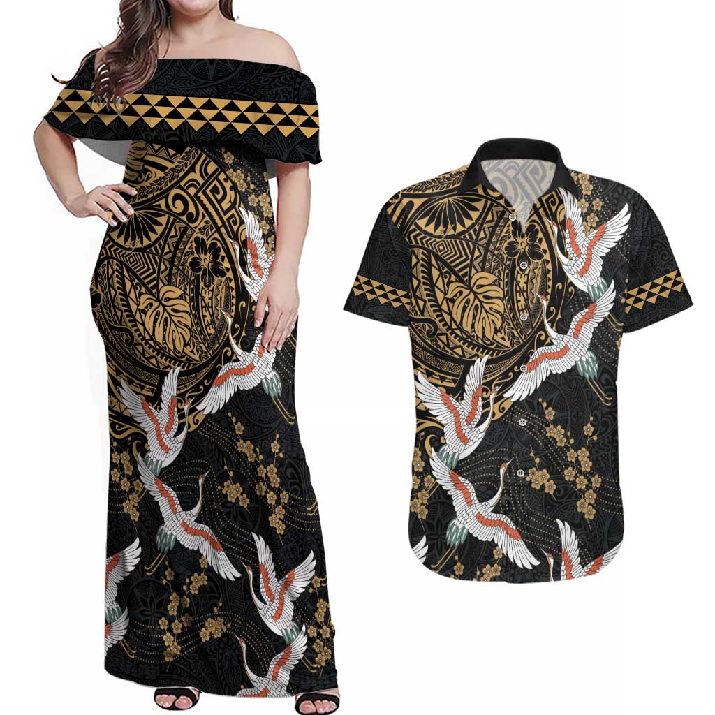 Hawaii and Japanese Together Couples Matching Off Shoulder Maxi Dress and Hawaiian Shirt Cranes Birds with Kakau Pattern LT03 Black - Polynesian Pride