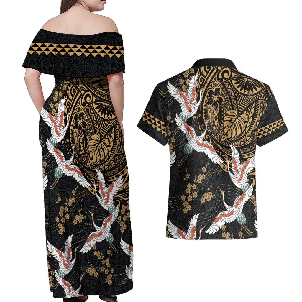 Hawaii and Japanese Together Couples Matching Off Shoulder Maxi Dress and Hawaiian Shirt Cranes Birds with Kakau Pattern LT03 - Polynesian Pride