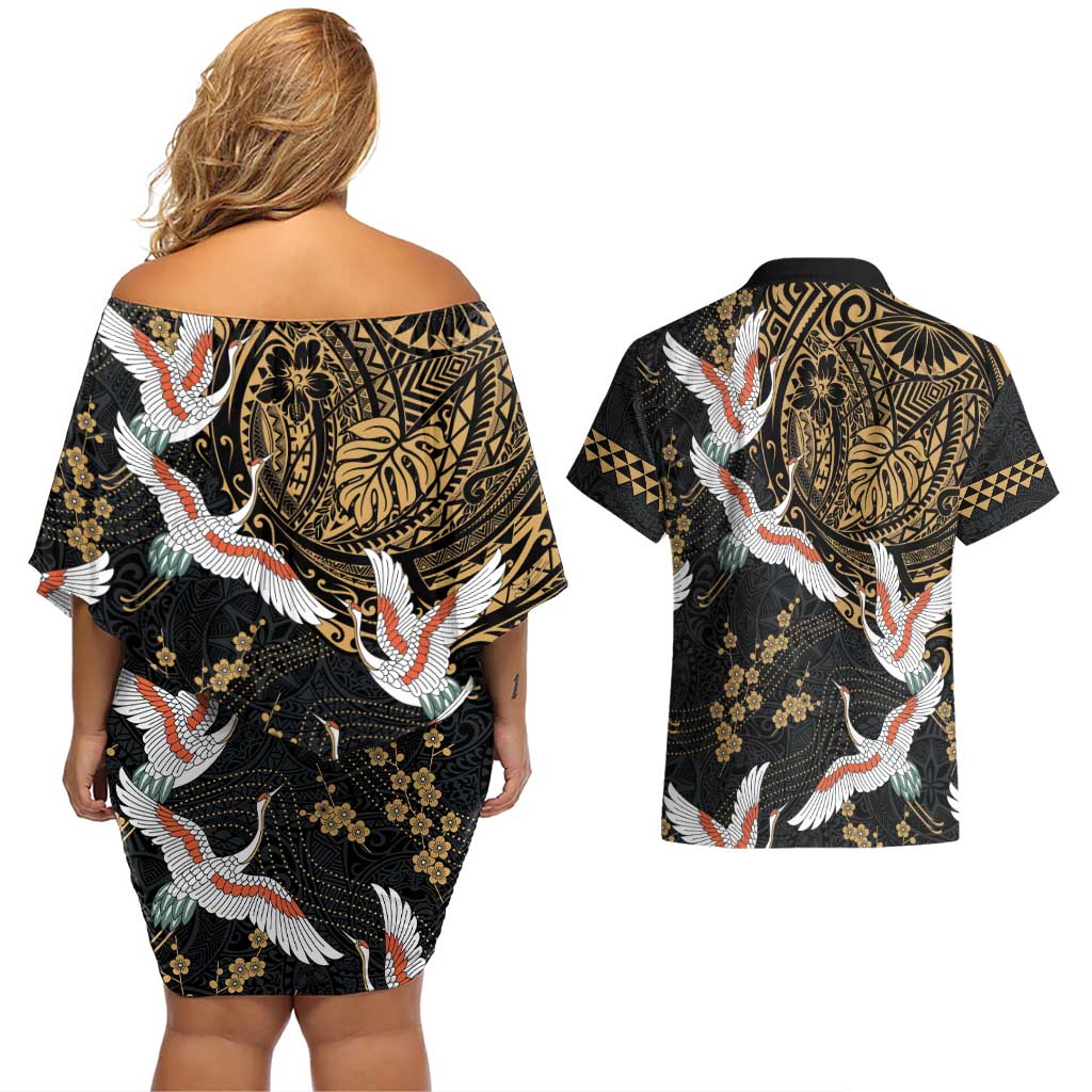 Hawaii and Japanese Together Couples Matching Off Shoulder Short Dress and Hawaiian Shirt Cranes Birds with Kakau Pattern LT03 - Polynesian Pride