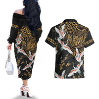 Hawaii and Japanese Together Couples Matching Off The Shoulder Long Sleeve Dress and Hawaiian Shirt Cranes Birds with Kakau Pattern LT03 - Polynesian Pride