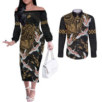 Hawaii and Japanese Together Couples Matching Off The Shoulder Long Sleeve Dress and Long Sleeve Button Shirt Cranes Birds with Kakau Pattern LT03 Black - Polynesian Pride