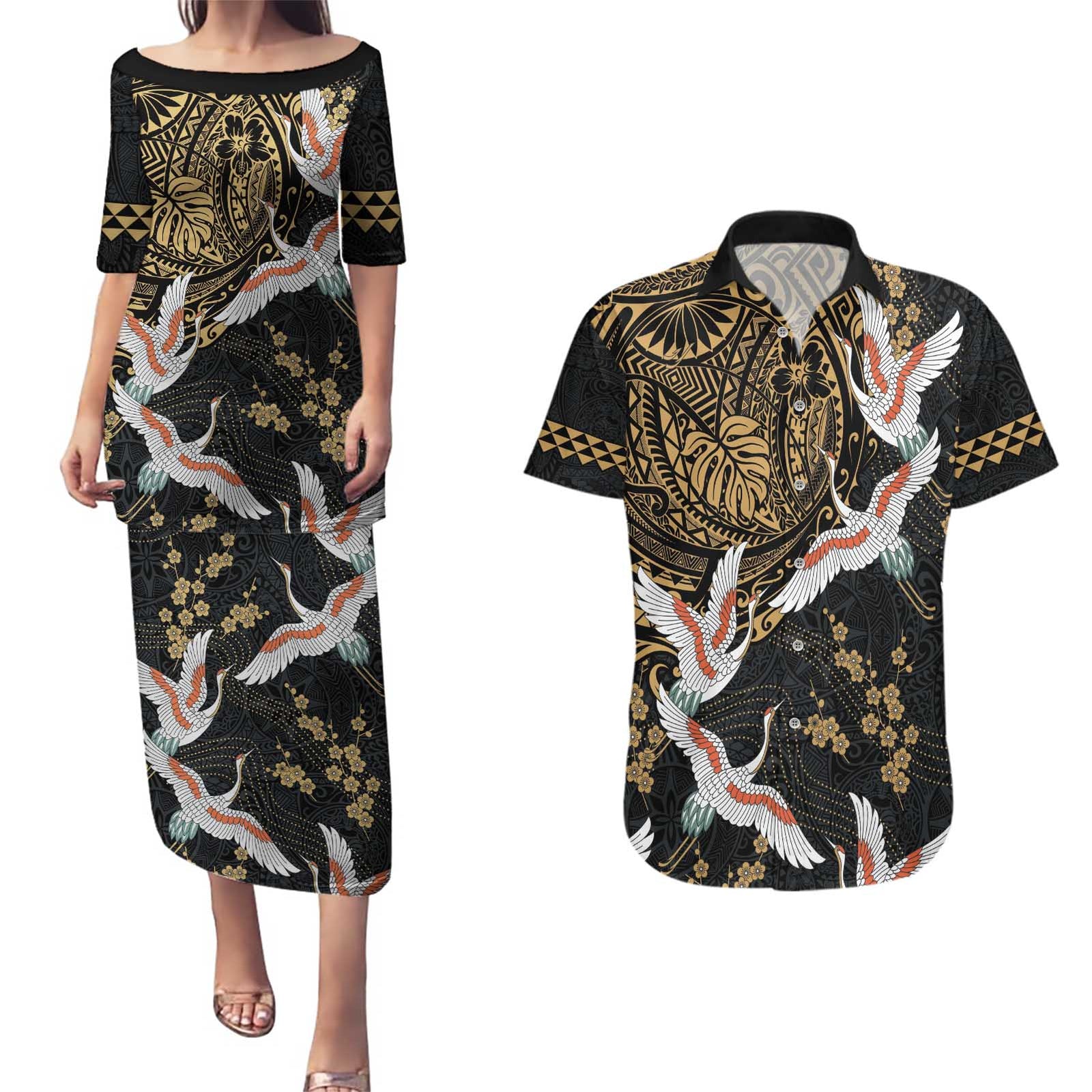 Hawaii and Japanese Together Couples Matching Puletasi and Hawaiian Shirt Cranes Birds with Kakau Pattern
