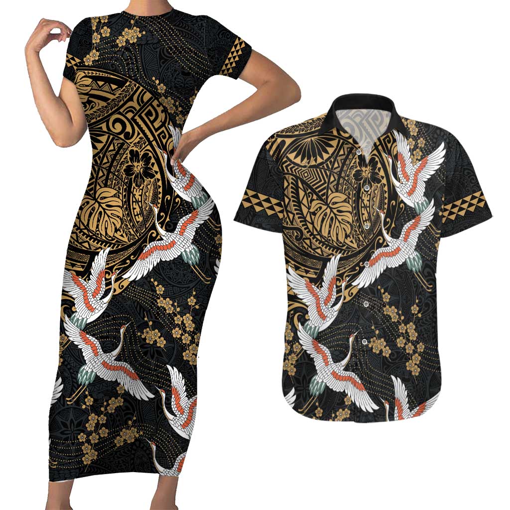 Hawaii and Japanese Together Couples Matching Short Sleeve Bodycon Dress and Hawaiian Shirt Cranes Birds with Kakau Pattern LT03 Black - Polynesian Pride