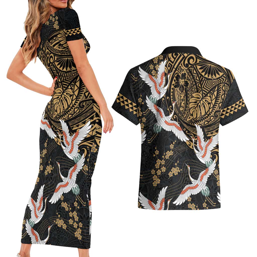 Hawaii and Japanese Together Couples Matching Short Sleeve Bodycon Dress and Hawaiian Shirt Cranes Birds with Kakau Pattern LT03 - Polynesian Pride