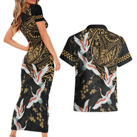 Hawaii and Japanese Together Couples Matching Short Sleeve Bodycon Dress and Hawaiian Shirt Cranes Birds with Kakau Pattern LT03 - Polynesian Pride