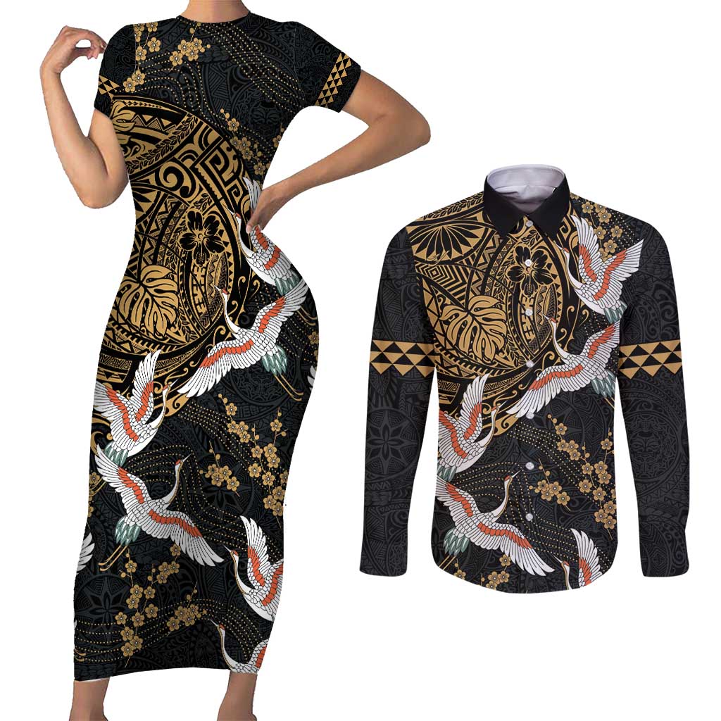 Hawaii and Japanese Together Couples Matching Short Sleeve Bodycon Dress and Long Sleeve Button Shirt Cranes Birds with Kakau Pattern LT03 Black - Polynesian Pride