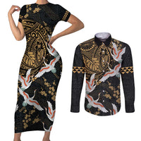 Hawaii and Japanese Together Couples Matching Short Sleeve Bodycon Dress and Long Sleeve Button Shirt Cranes Birds with Kakau Pattern LT03 Black - Polynesian Pride