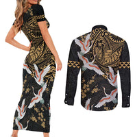 Hawaii and Japanese Together Couples Matching Short Sleeve Bodycon Dress and Long Sleeve Button Shirt Cranes Birds with Kakau Pattern LT03 - Polynesian Pride
