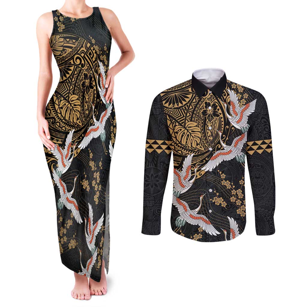 Hawaii and Japanese Together Couples Matching Tank Maxi Dress and Long Sleeve Button Shirt Cranes Birds with Kakau Pattern