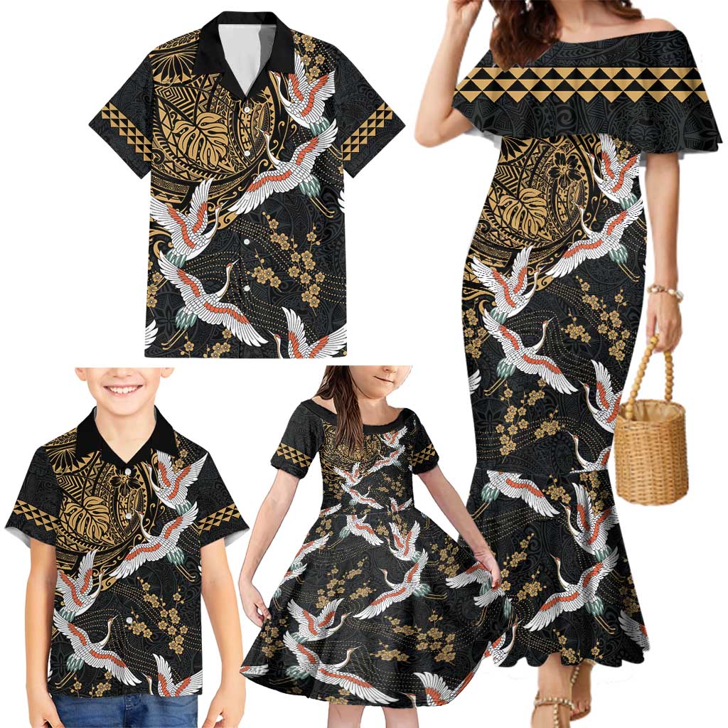 Hawaii and Japanese Together Family Matching Mermaid Dress and Hawaiian Shirt Cranes Birds with Kakau Pattern LT03 - Polynesian Pride