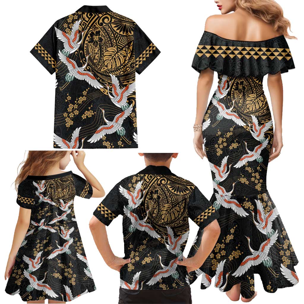 Hawaii and Japanese Together Family Matching Mermaid Dress and Hawaiian Shirt Cranes Birds with Kakau Pattern LT03 - Polynesian Pride