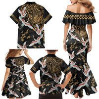 Hawaii and Japanese Together Family Matching Mermaid Dress and Hawaiian Shirt Cranes Birds with Kakau Pattern LT03 - Polynesian Pride