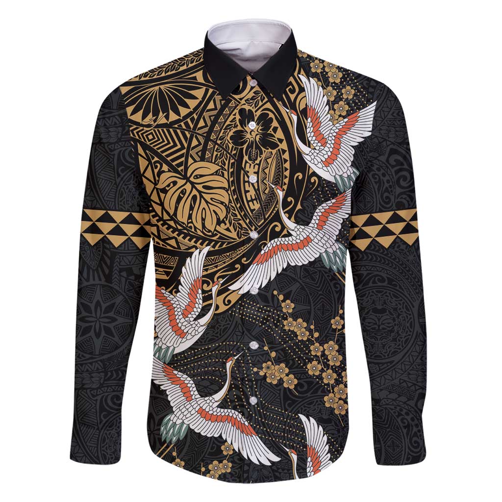 Hawaii and Japanese Together Family Matching Mermaid Dress and Hawaiian Shirt Cranes Birds with Kakau Pattern LT03 Dad's Shirt - Long Sleeve Black - Polynesian Pride