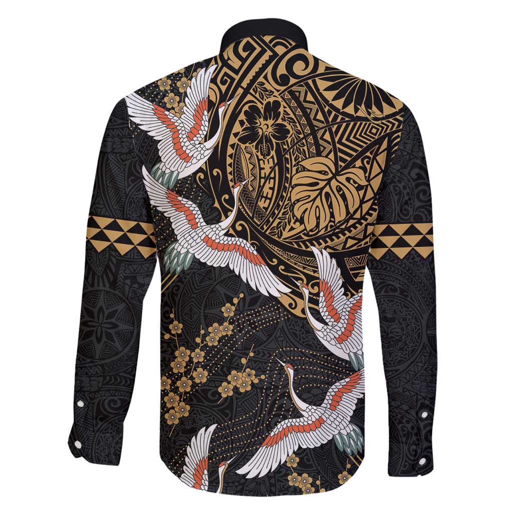 Hawaii and Japanese Together Family Matching Mermaid Dress and Hawaiian Shirt Cranes Birds with Kakau Pattern LT03 - Polynesian Pride