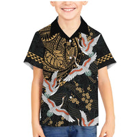 Hawaii and Japanese Together Family Matching Mermaid Dress and Hawaiian Shirt Cranes Birds with Kakau Pattern LT03 Son's Shirt Black - Polynesian Pride