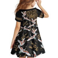 Hawaii and Japanese Together Family Matching Off The Shoulder Long Sleeve Dress and Hawaiian Shirt Cranes Birds with Kakau Pattern