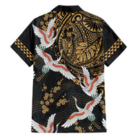 Hawaii and Japanese Together Family Matching Off The Shoulder Long Sleeve Dress and Hawaiian Shirt Cranes Birds with Kakau Pattern