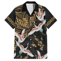 Hawaii and Japanese Together Family Matching Off Shoulder Maxi Dress and Hawaiian Shirt Cranes Birds with Kakau Pattern LT03 Dad's Shirt - Short Sleeve Black - Polynesian Pride