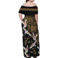 Hawaii and Japanese Together Family Matching Off Shoulder Maxi Dress and Hawaiian Shirt Cranes Birds with Kakau Pattern LT03 - Polynesian Pride