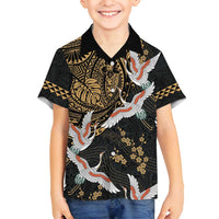 Hawaii and Japanese Together Family Matching Off Shoulder Maxi Dress and Hawaiian Shirt Cranes Birds with Kakau Pattern LT03 Son's Shirt Black - Polynesian Pride