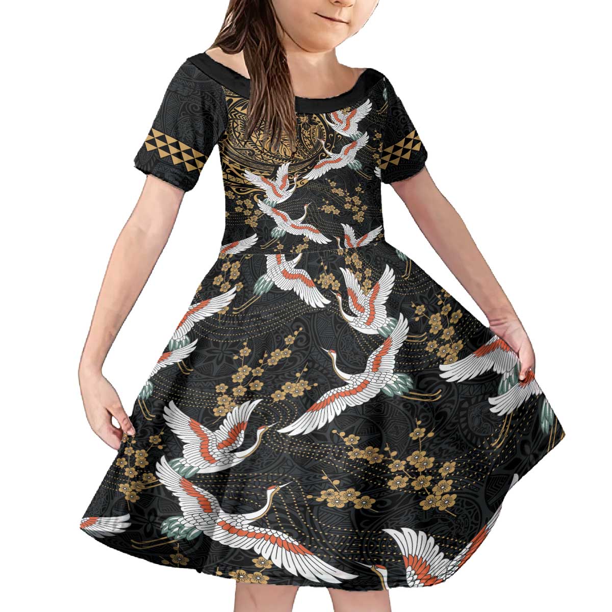 Hawaii and Japanese Together Family Matching Puletasi and Hawaiian Shirt Cranes Birds with Kakau Pattern LT03 Daughter's Dress Black - Polynesian Pride