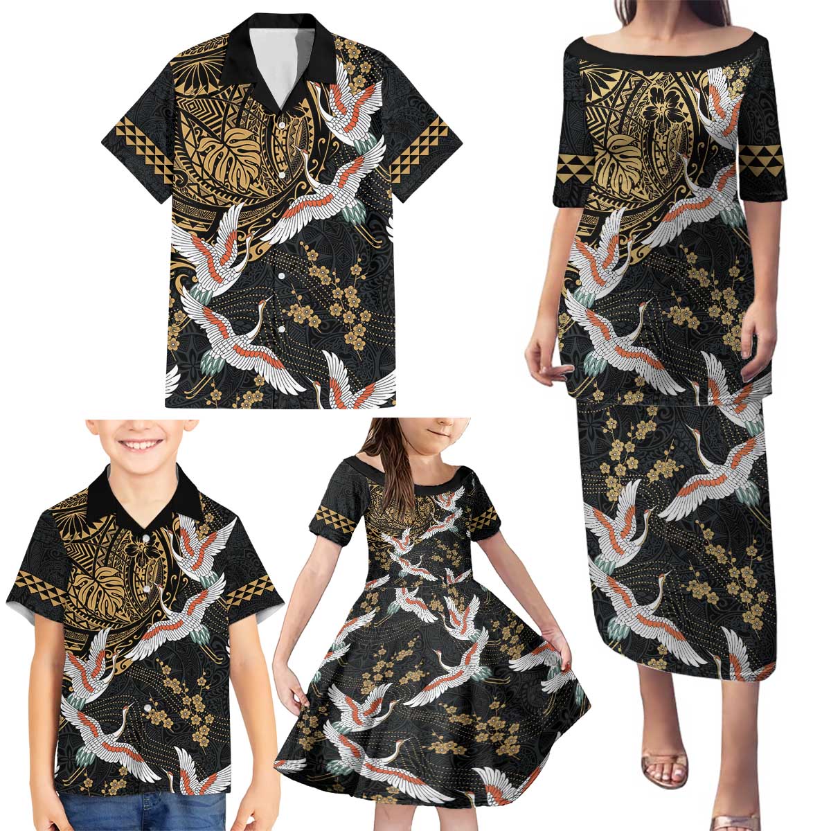 Hawaii and Japanese Together Family Matching Puletasi and Hawaiian Shirt Cranes Birds with Kakau Pattern LT03 - Polynesian Pride
