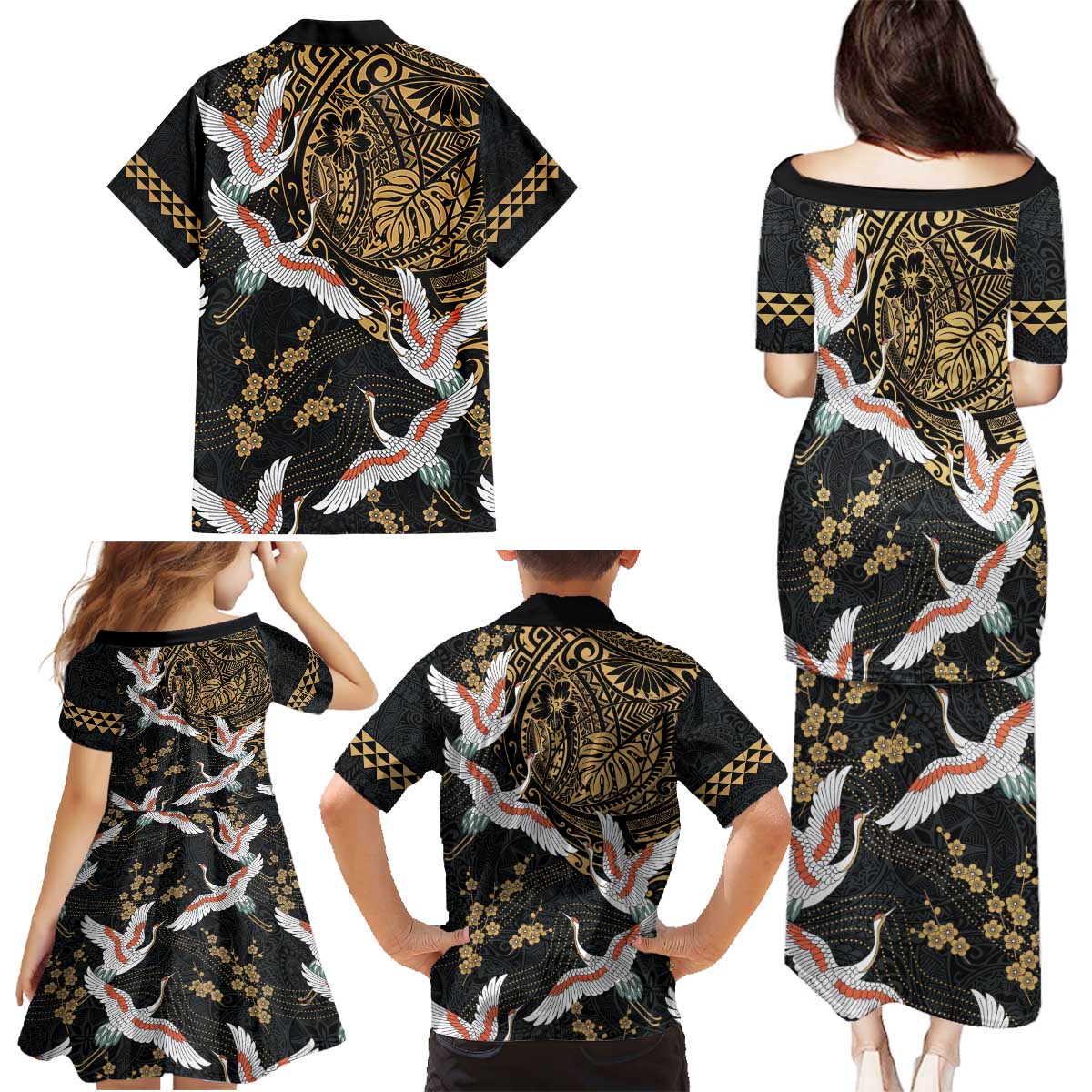 Hawaii and Japanese Together Family Matching Puletasi and Hawaiian Shirt Cranes Birds with Kakau Pattern LT03 - Polynesian Pride