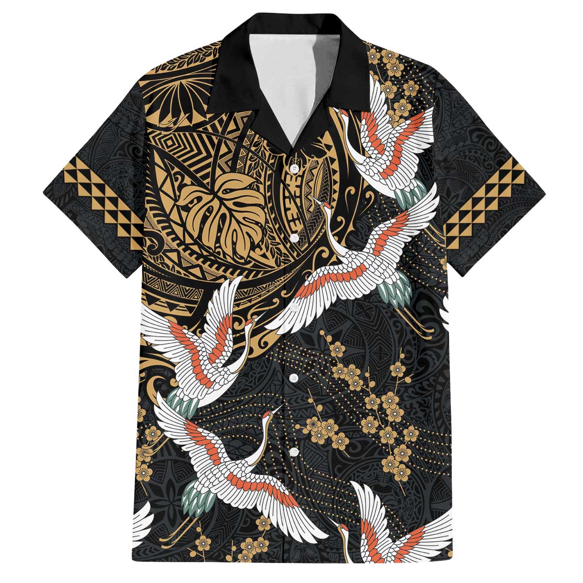 Hawaii and Japanese Together Family Matching Puletasi and Hawaiian Shirt Cranes Birds with Kakau Pattern LT03 Dad's Shirt - Short Sleeve Black - Polynesian Pride