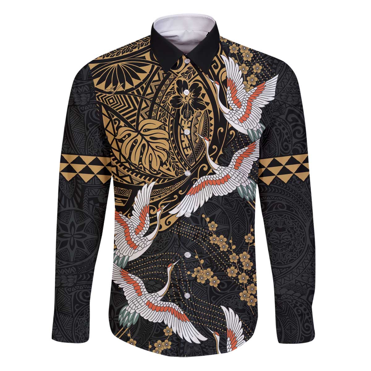 Hawaii and Japanese Together Family Matching Puletasi and Hawaiian Shirt Cranes Birds with Kakau Pattern LT03 Dad's Shirt - Long Sleeve Black - Polynesian Pride