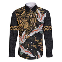 Hawaii and Japanese Together Family Matching Puletasi and Hawaiian Shirt Cranes Birds with Kakau Pattern LT03 Dad's Shirt - Long Sleeve Black - Polynesian Pride