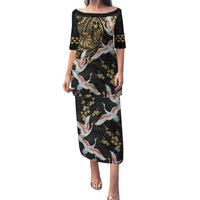 Hawaii and Japanese Together Family Matching Puletasi and Hawaiian Shirt Cranes Birds with Kakau Pattern LT03 Mom's Dress Black - Polynesian Pride