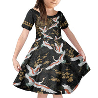 Hawaii and Japanese Together Family Matching Summer Maxi Dress and Hawaiian Shirt Cranes Birds with Kakau Pattern LT03 Daughter's Dress Black - Polynesian Pride