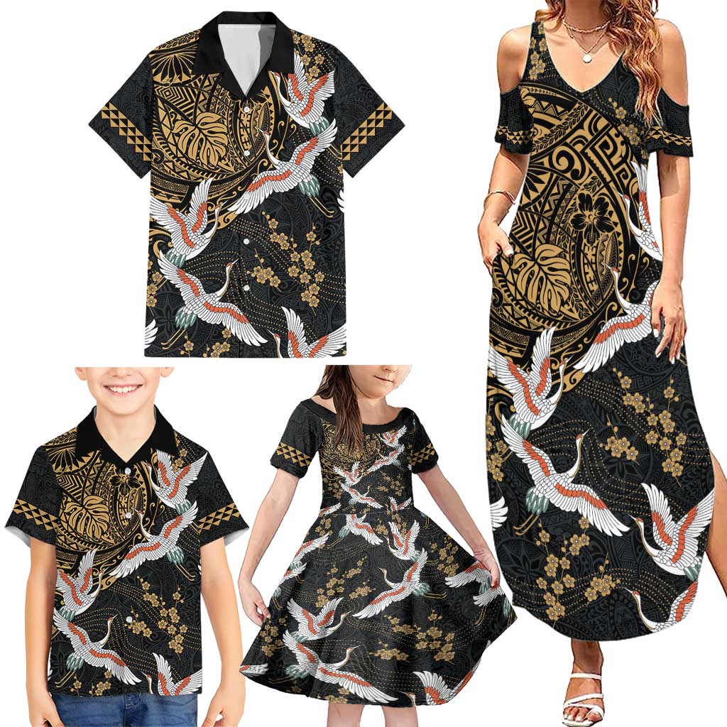 Hawaii and Japanese Together Family Matching Summer Maxi Dress and Hawaiian Shirt Cranes Birds with Kakau Pattern LT03 - Polynesian Pride