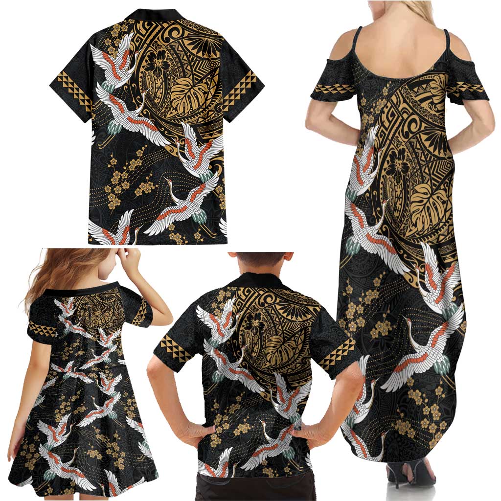 Hawaii and Japanese Together Family Matching Summer Maxi Dress and Hawaiian Shirt Cranes Birds with Kakau Pattern LT03 - Polynesian Pride