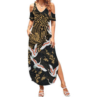 Hawaii and Japanese Together Family Matching Summer Maxi Dress and Hawaiian Shirt Cranes Birds with Kakau Pattern LT03 Mom's Dress Black - Polynesian Pride
