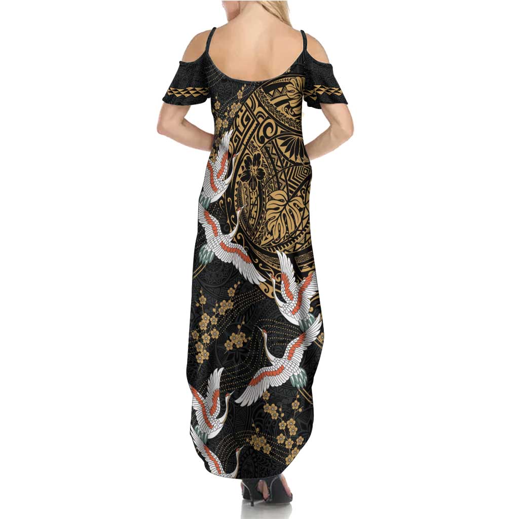 Hawaii and Japanese Together Family Matching Summer Maxi Dress and Hawaiian Shirt Cranes Birds with Kakau Pattern LT03 - Polynesian Pride