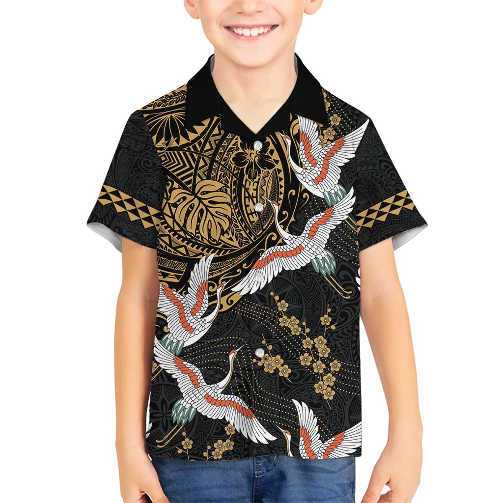 Hawaii and Japanese Together Family Matching Summer Maxi Dress and Hawaiian Shirt Cranes Birds with Kakau Pattern LT03 Son's Shirt Black - Polynesian Pride