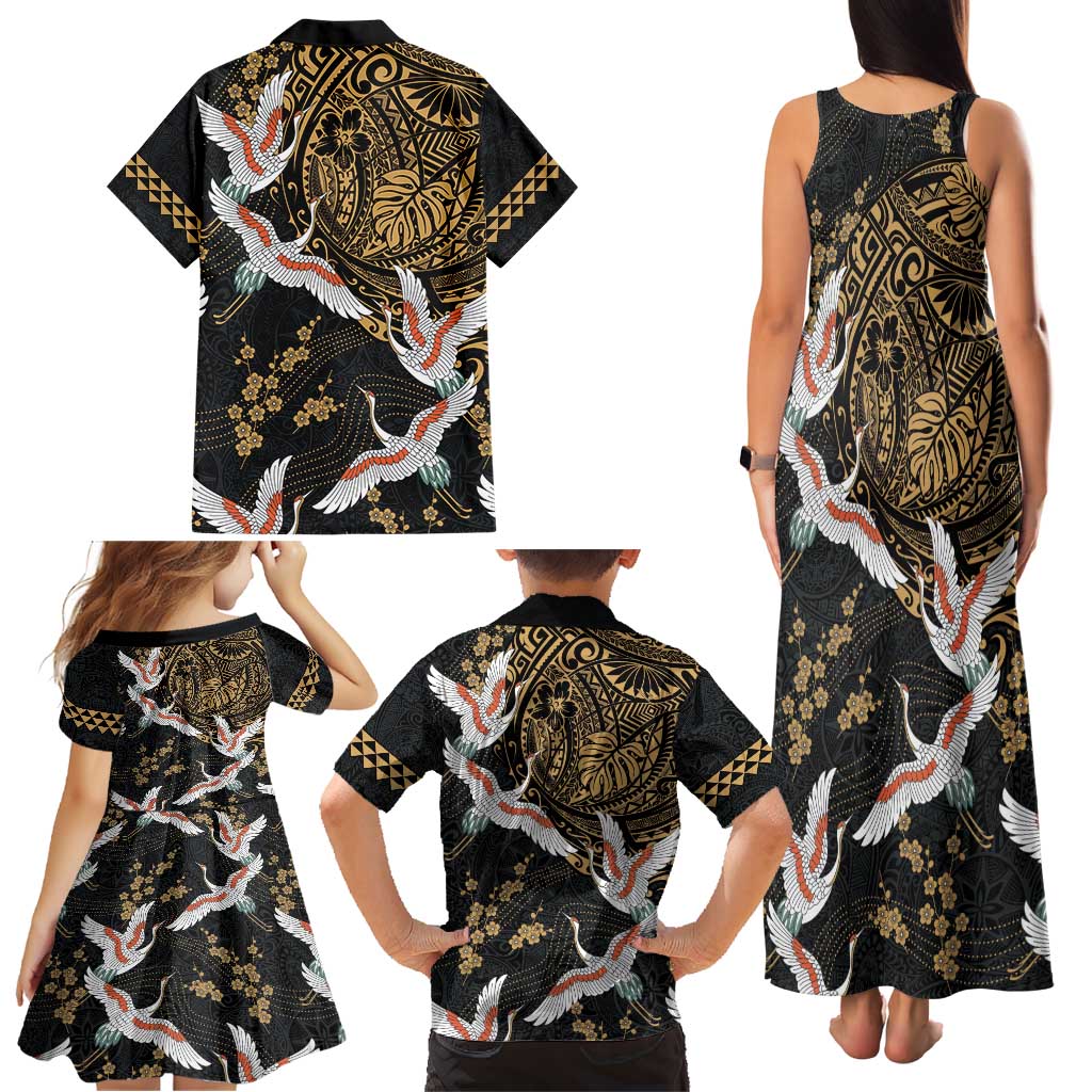 Hawaii and Japanese Together Family Matching Tank Maxi Dress and Hawaiian Shirt Cranes Birds with Kakau Pattern LT03 - Polynesian Pride