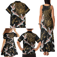 Hawaii and Japanese Together Family Matching Tank Maxi Dress and Hawaiian Shirt Cranes Birds with Kakau Pattern LT03 - Polynesian Pride
