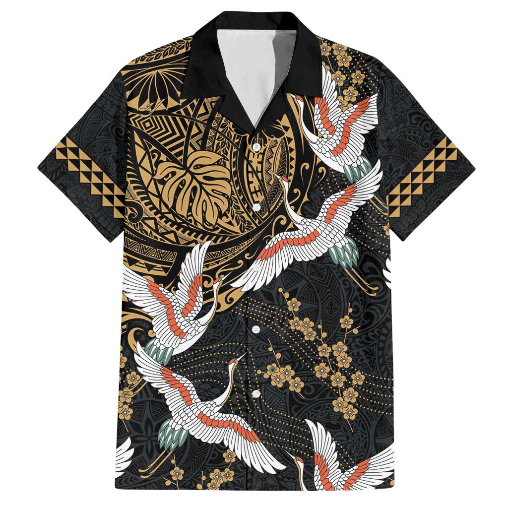 Hawaii and Japanese Together Family Matching Tank Maxi Dress and Hawaiian Shirt Cranes Birds with Kakau Pattern LT03 Dad's Shirt - Short Sleeve Black - Polynesian Pride