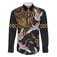 Hawaii and Japanese Together Family Matching Tank Maxi Dress and Hawaiian Shirt Cranes Birds with Kakau Pattern LT03 Dad's Shirt - Long Sleeve Black - Polynesian Pride