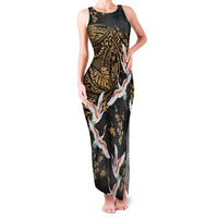 Hawaii and Japanese Together Family Matching Tank Maxi Dress and Hawaiian Shirt Cranes Birds with Kakau Pattern LT03 Mom's Dress Black - Polynesian Pride
